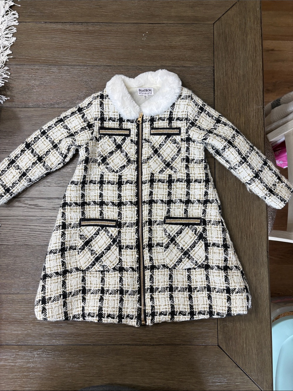 Blueberi Boulevard Black & Cream Tweed Trench Coat with Faux Fur Collar 3T